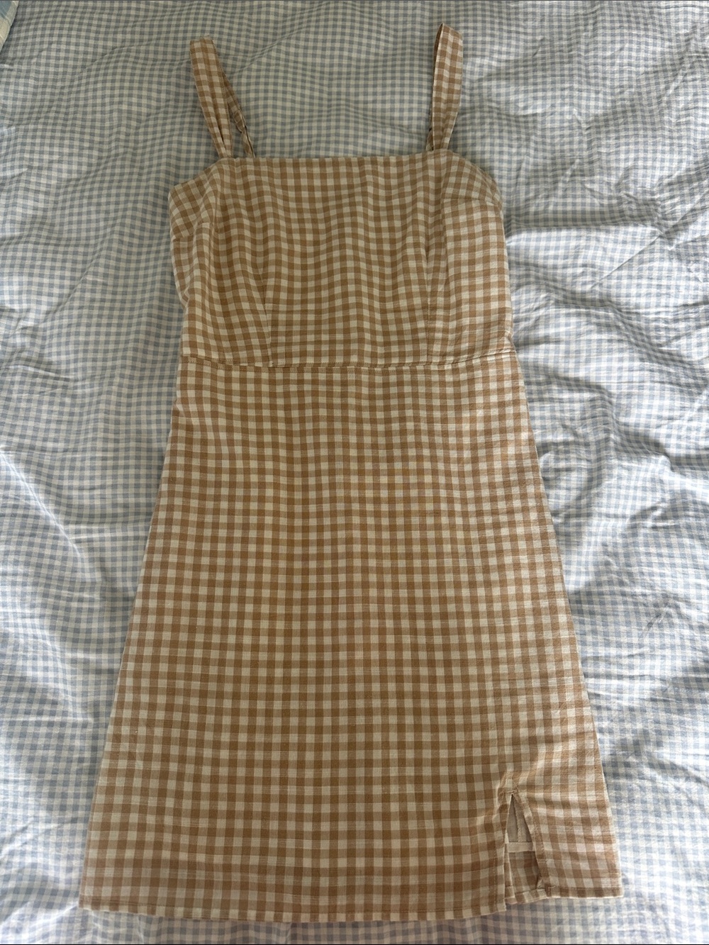 Abercrombie & Fitch Linen Tan Gingham Mini Dress | XS